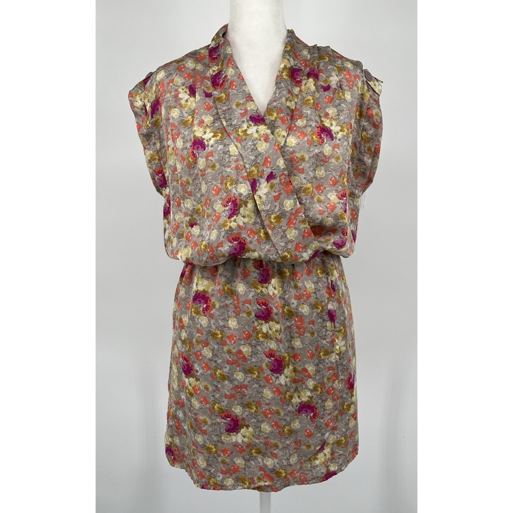 Gold & Orange Floral Mini Faux Wrap Dress Kimono Style Wedding Guest Garden Sz S